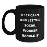 Funny Social Worker Gifts, Black Coffee Mug, 'Keep Calm And Let The Social Worker Handle It' - Gifts from Friends and Family for Social Worker Christmas Unique Gifts - Main